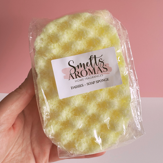 Daisies Soap Sponge by Smelts Aromas – handmade exfoliating bath sponge with wild strawberry, jasmine, and sandalwood fragrance for soft, fresh skin.