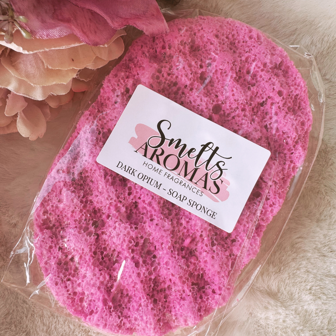 Dark Opium Soap Sponge by Smelts Aromas – handmade exfoliating bath sponge with black coffee, vanilla, and white floral fragrance for a luxurious, sensual scent.