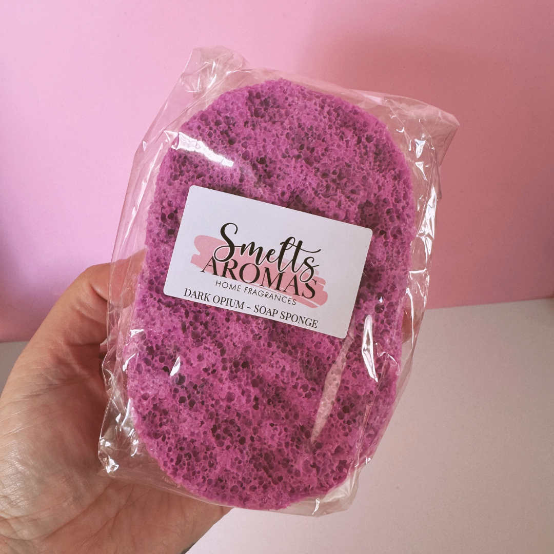 Dark Opium Soap Sponge by Smelts Aromas – handmade exfoliating bath sponge with black coffee, vanilla, and white floral fragrance for a luxurious, sensual scent.