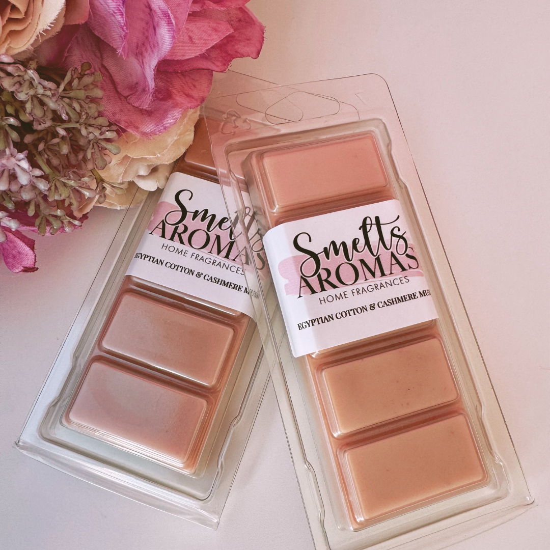 Egyptian Cotton & Cashmere Musk Wax Melt by Smelts Aromas – handmade luxury wax melt with vanilla, orchid, jasmine, and soft cashmere musk for a cosy, elegant home fragrance.