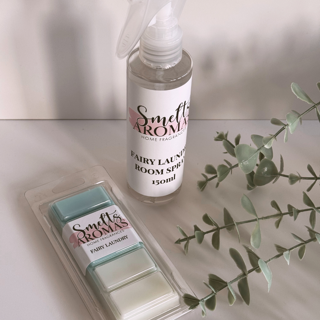 Fairy Laundry Room Spray & Wax Melt Bundle by Smelts Aromas – handmade floral spray with white lily, neroli, and iris for a clean, elegant laundry-fresh home fragrance.