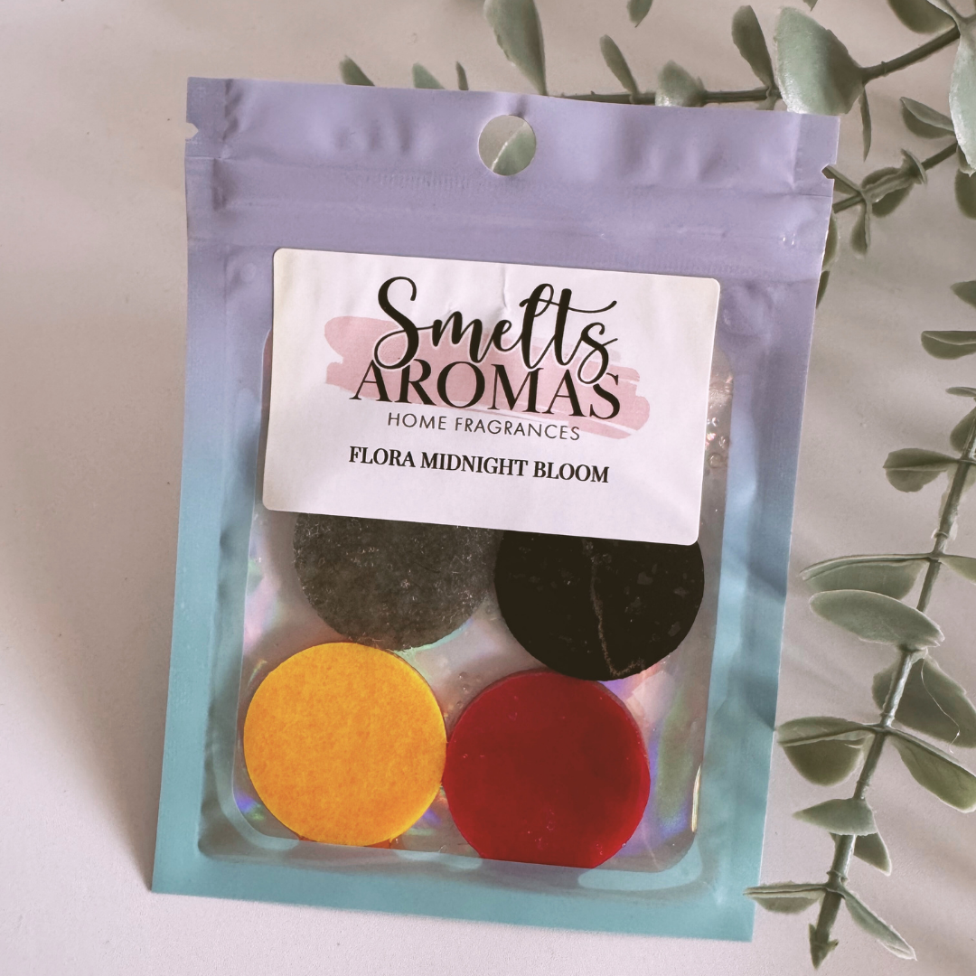 Flora Midnight Bloom Hoover Discs by Smelts Aromas – handmade vacuum scent boosters with oriental rose, orange blossom, and dark amber fragrance for a warm, luxurious home scent.