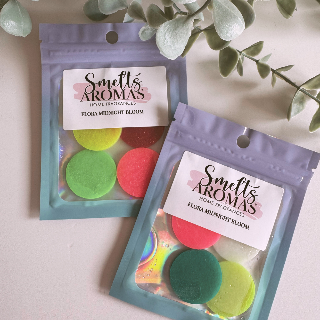 Flora Midnight Bloom Hoover Discs by Smelts Aromas – handmade vacuum scent boosters with oriental rose, orange blossom, and dark amber fragrance for a warm, luxurious home scent.
