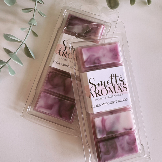 Flora Midnight Bloom Wax Melt by Smelts Aromas – handmade floral and amber wax melt with oriental rose, orange blossom, and dark amber for a luxurious home fragrance.