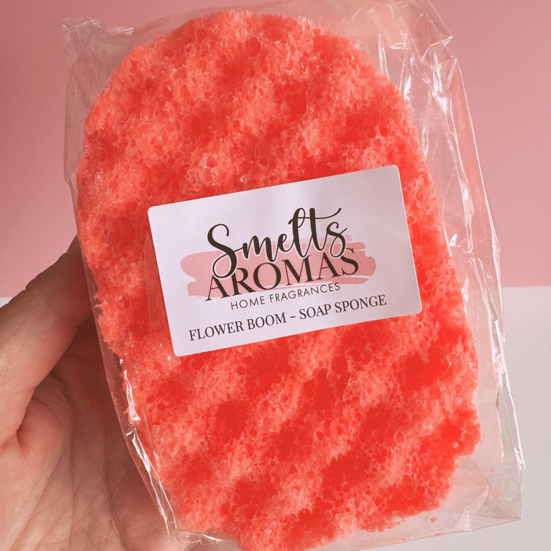 Flower Boom Soap Sponge by Smelts Aromas – handmade exfoliating sponge with jasmine, freesia, rose, and patchouli fragrance for a luxurious floral cleanse.