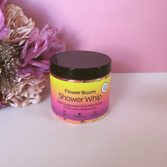Flower Boom Whipped Soap by Smelts Aromas – handmade whipped body cleanser with jasmine, freesia, rose, and patchouli fragrance for a luxurious floral wash.