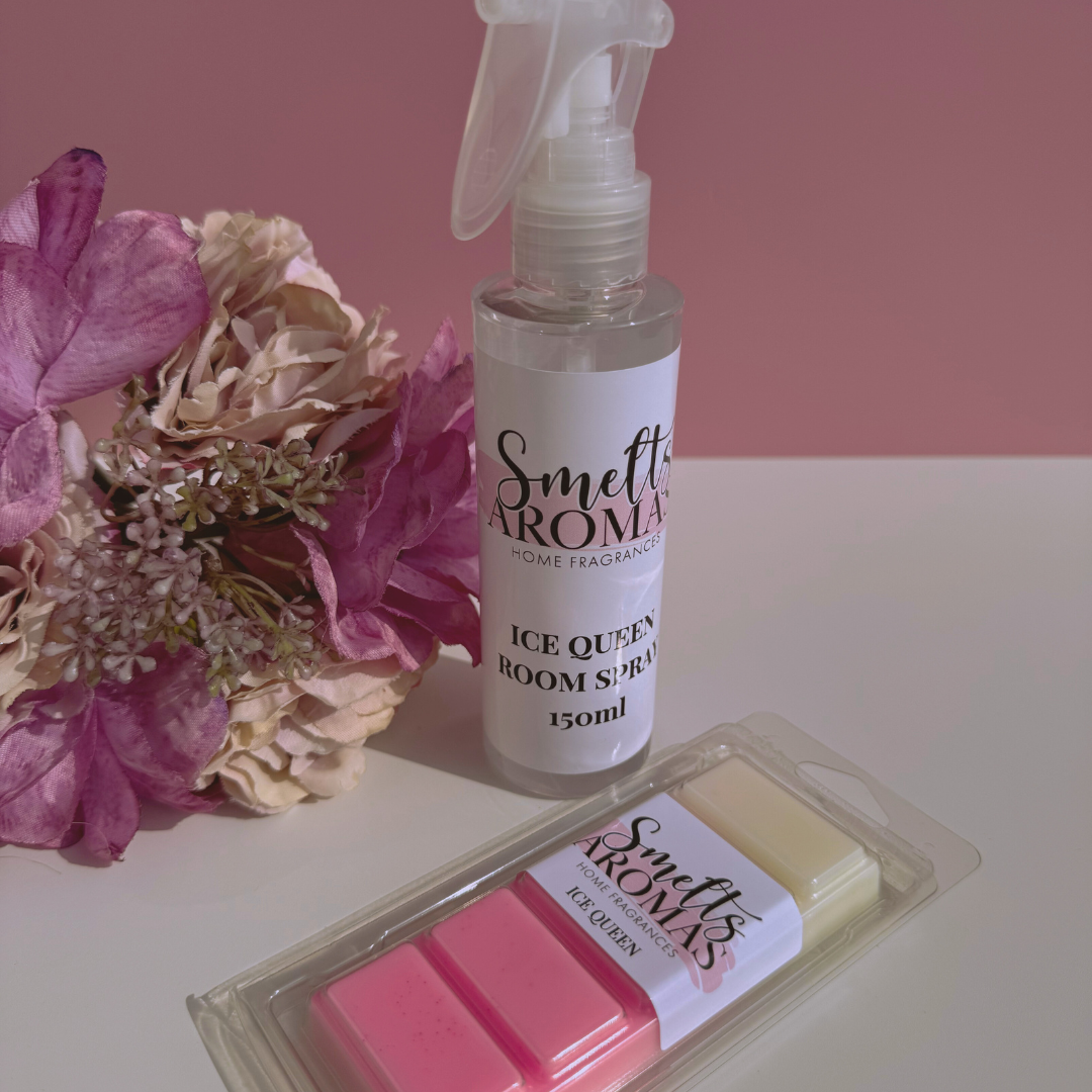 Smelts Aromas Ice Queen room spray and wax melts bundle deal with a flower in the background with a pink background