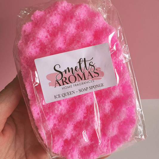 Ice Queen Soap Sponge by Smelts Aromas – exfoliating soap sponge scented with pear, cotton candy, vanilla and cherry.