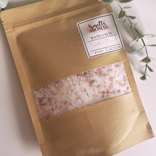 Lavender & Chamomile Bath Salts by Smelts Aromas, a fragranced floral bath soak with soft lavender and gentle chamomile notes.