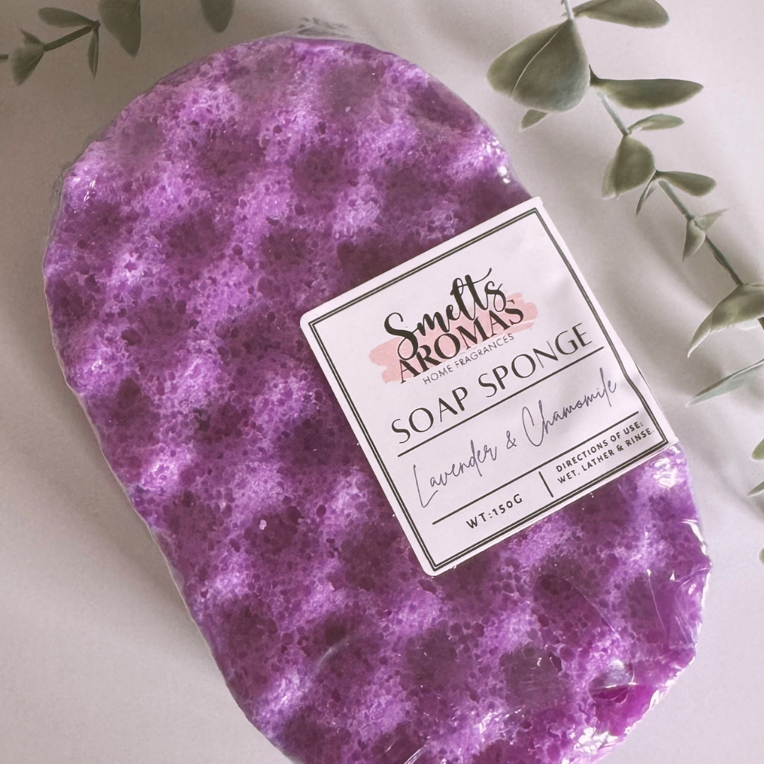 Lavender & Chamomile Soap Sponge by Smelts Aromas, a fragranced soap-filled body sponge with soft lavender and chamomile floral notes.