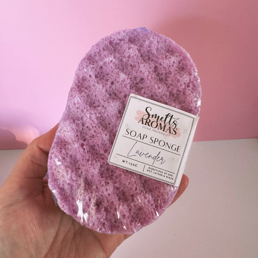 Lavender Soap Sponge by Smelts Aromas – handmade exfoliating sponge with calming lavender, floral, and woody fragrance for relaxation and smooth skin.