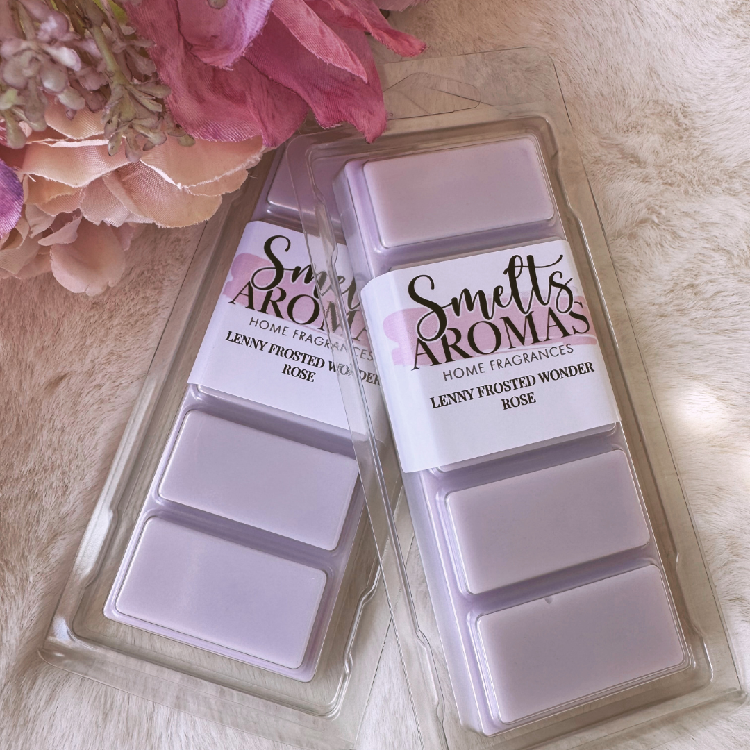 Lenny Frosted Wonder Rose Wax Melt by Smelts Aromas – fruity greenery, rose, muguet, violet and frosted floral winter fragrance.
