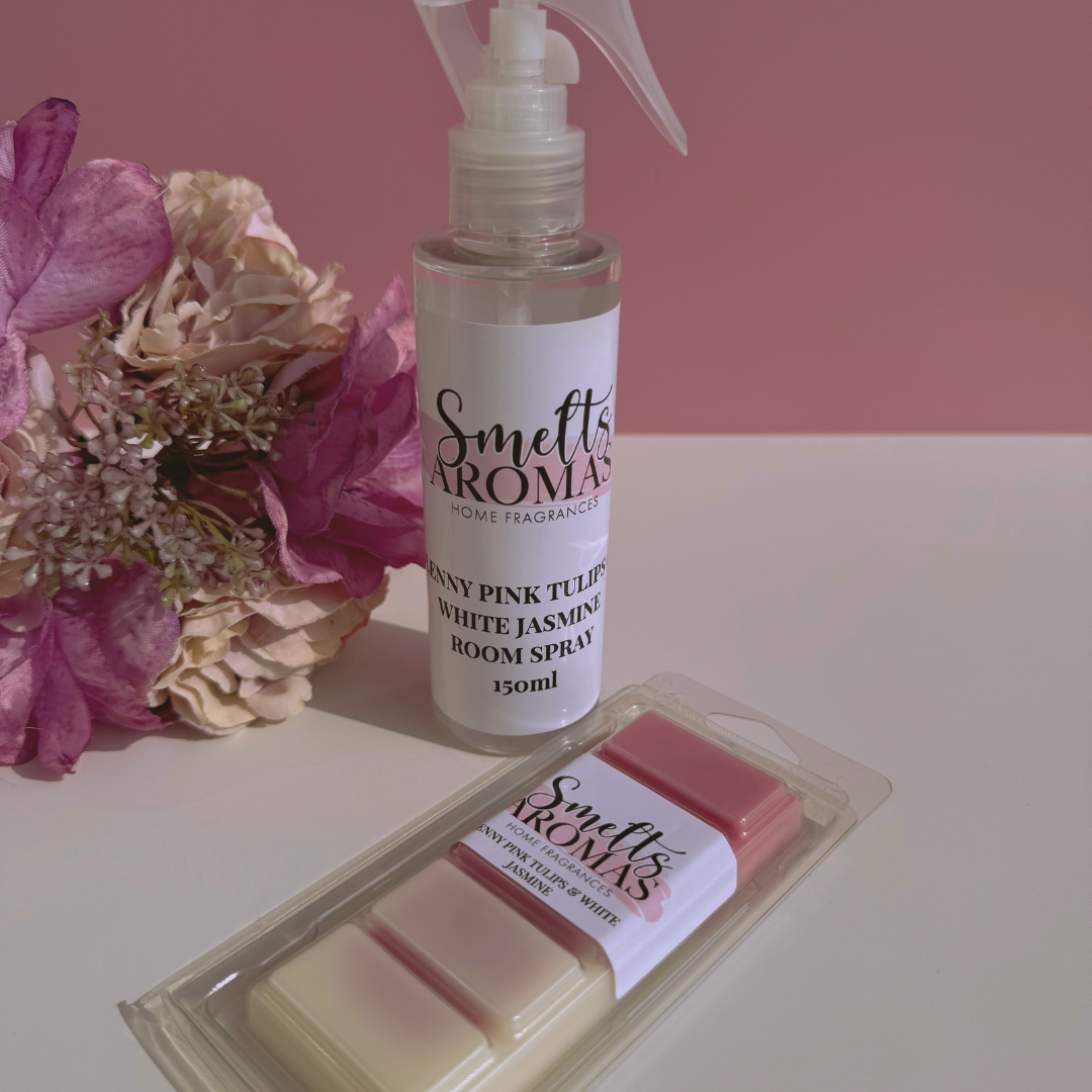 Smelts Aromas Lenny Pink Tulips 7 White Jasmine room spray and wax melts bundle deal with a flower in the background with a pink background