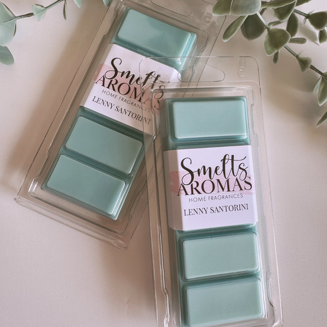 Lenny Santorini Wax Melt by Smelts Aromas featuring dahlia, fresh sea breeze and clean linen Greek-inspired home fragrance.
