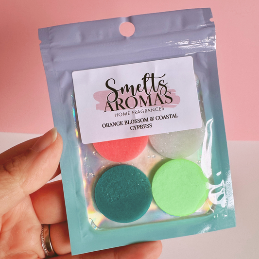 Smelts Aromas Orange Blossom and Coastal Cypress Hoover Discs in packaging, home fragrance with fresh citrus and coastal scents inspired by a Mediterranean breeze.