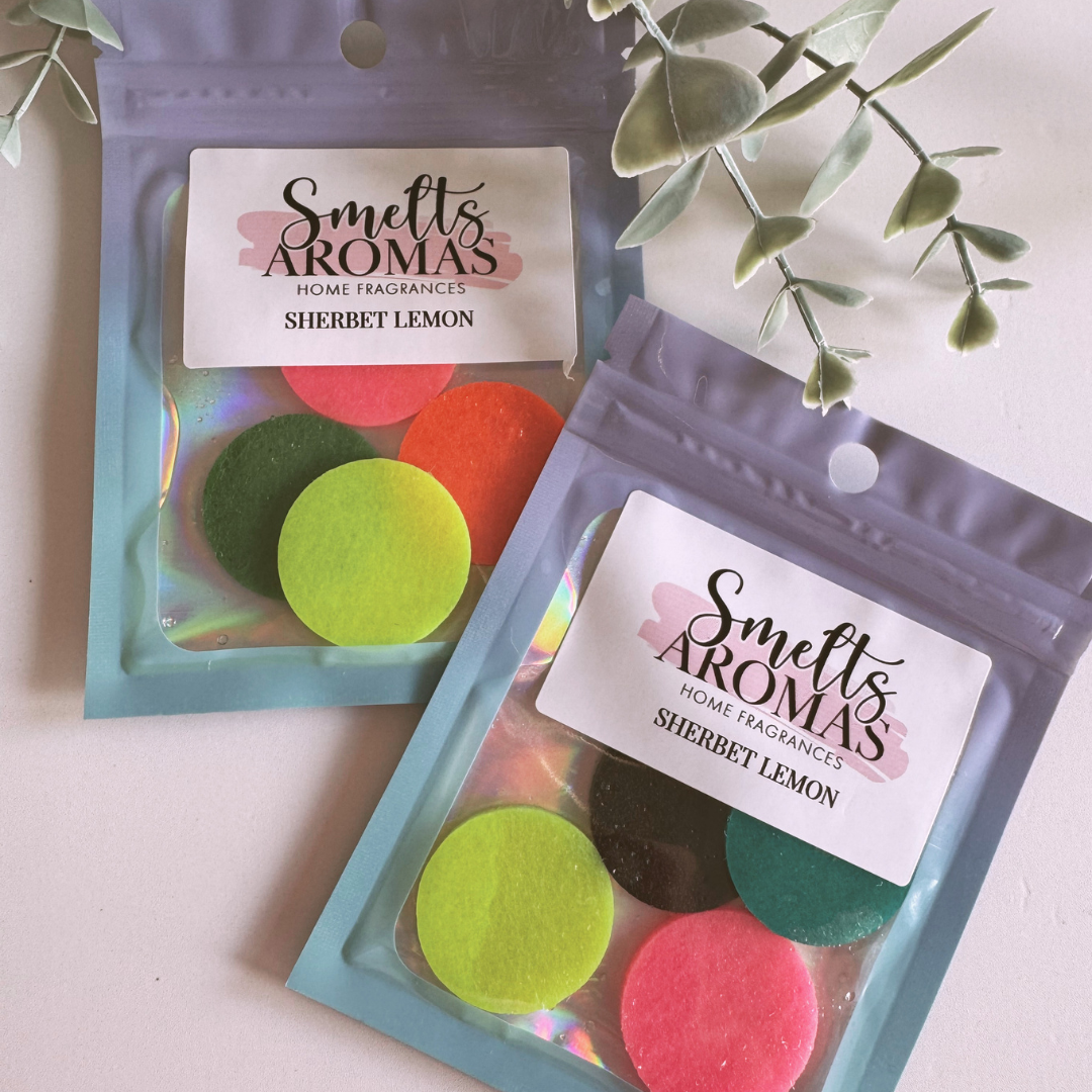 Sherbet Lemon Hoover Discs by Smelts Aromas – zesty lemon, sherbet and sweet candy vacuum fragrance.