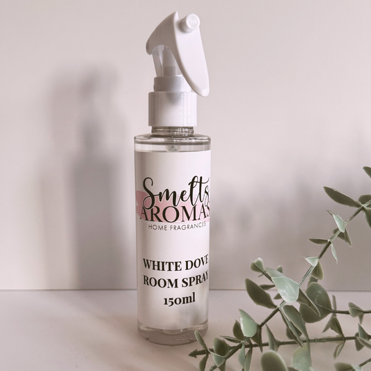 White Dove Room Spray by Smelts Aromas – soft floral rose and jasmine with musk and creamy buttermilk home fragrance.