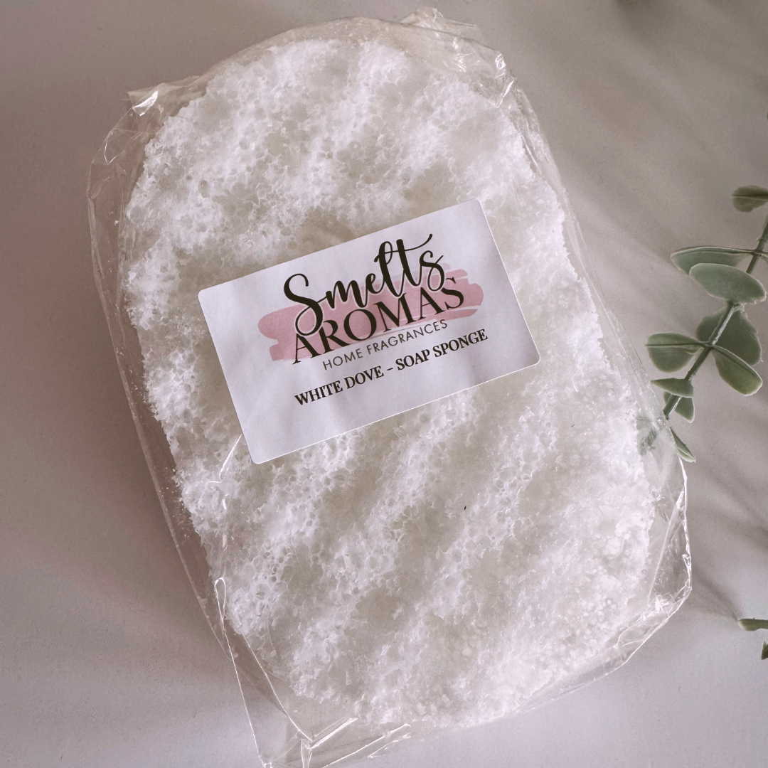 White Dove Soap Sponge by Smelts Aromas – soft floral rose and jasmine with musk and creamy buttermilk soap sponge.